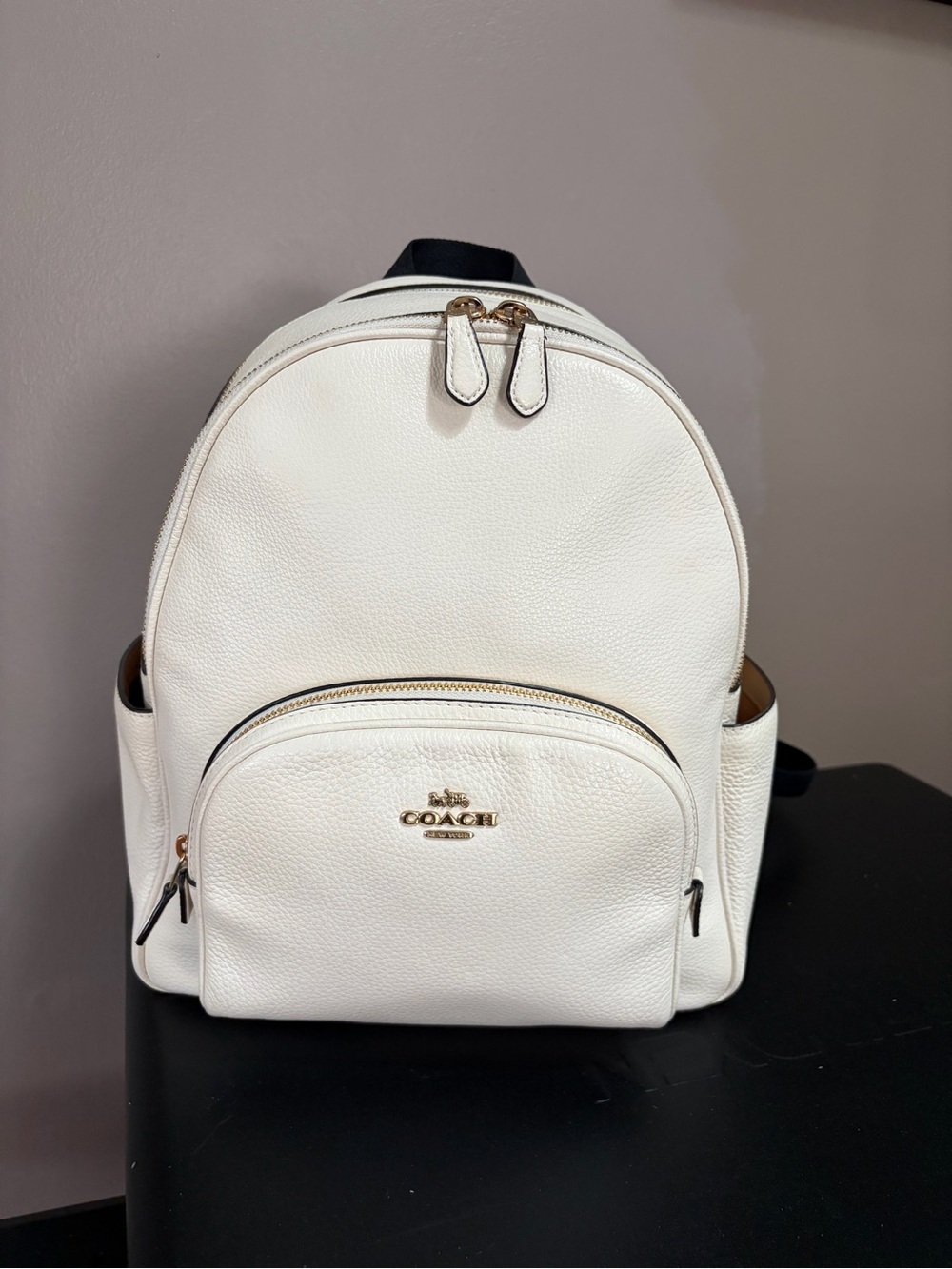 Coach White Pebbled Leather City Backpack with Gold Hardware